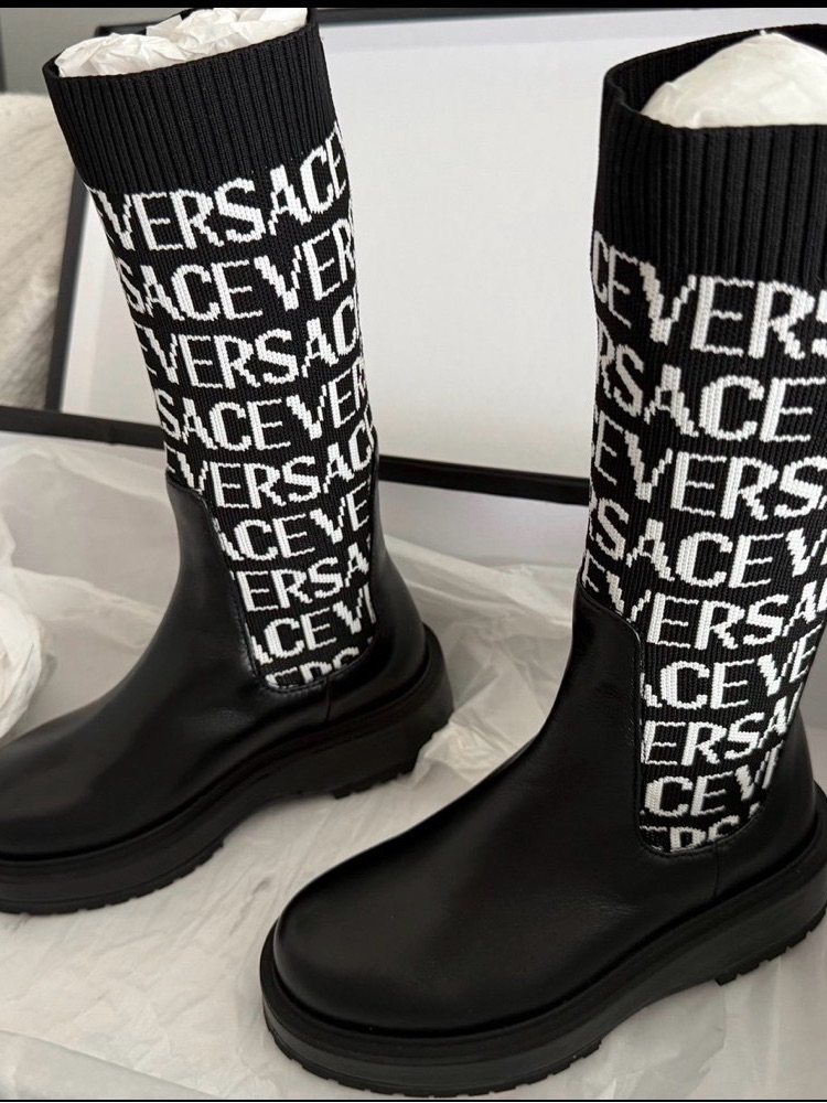 Versace Black And White Logo Knit Chelsea Boots